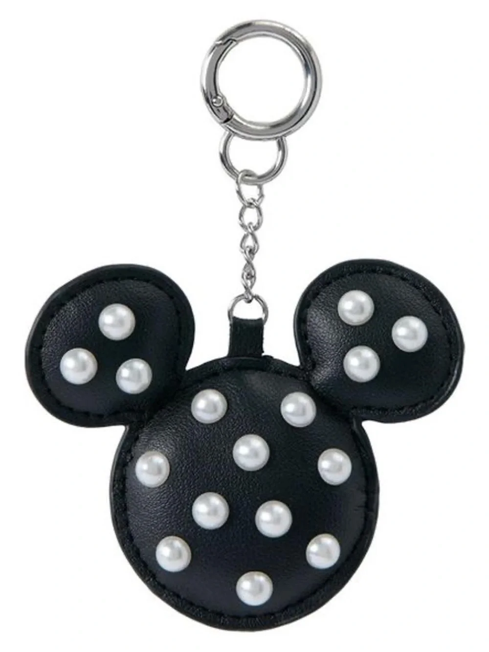 Disney Mickey Mouse  Black Faux-Leather Keychain bag charm with pearl accents